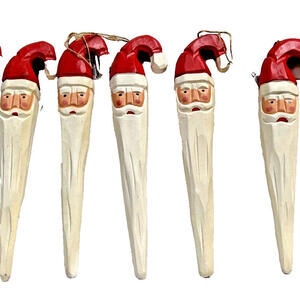 Santa Wood Icicles Christmas Ornaments Set of 7 8.5" Tall Retro